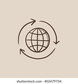 Globe with arrows sketch icon.