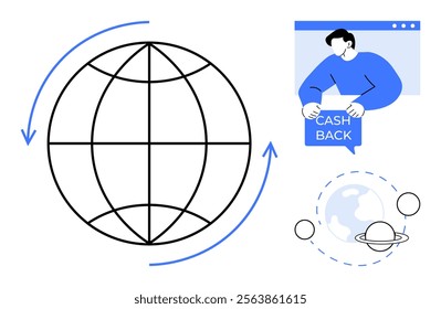 A globe with arrows symbolizing finance, a person holding a cash back sign, and a planetary model suggesting globalization. Ideal for technology, finance, global economy, e-commerce, and savings