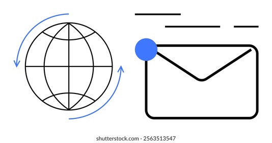 Globe with arrows symbolizing worldwide connection next to an email envelope with lines implying movement. Ideal for global communication, email services, connectivity, digital correspondence