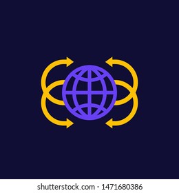 Globe with arrows, vector flat icon