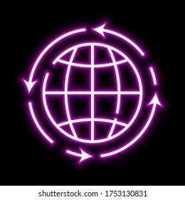 Globe in arrows vector line pink glowing neon ui ux icon. Glowing sign logo vector