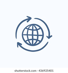 Globe with arrows vector sketch icon isolated on background. Hand drawn Globe with arrows icon. Globe with arrows sketch icon for infographic, website or app.