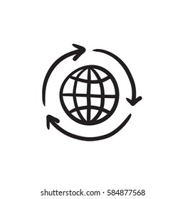 Globe with arrows vector sketch icon isolated on background. Hand drawn Globe with arrows icon. Globe with arrows sketch icon for infographic, website or app.