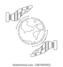 Globe in artificial intelligence's hands. Icon vector illustration. Protection concept.