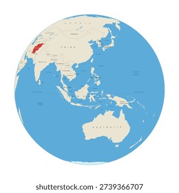 Globe of Asia Continent marked in Red on Afghanistan, vector illustration isolated on white background, eps