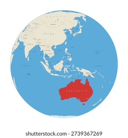 Globe of Asia Continent marked in Red on Australia, vector illustration isolated on white background, eps