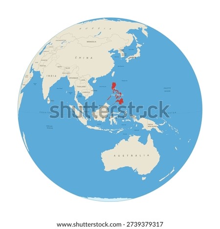 Globe of Asia Continent marked in Red on Philippines, vector illustration isolated on white background, eps