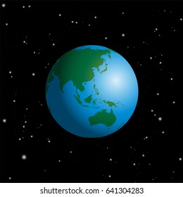 Globe with Australia, Asia, India, Russia, China, Japan, Indonesia, Indian Ocean and Pacific - planet earth in cosmic space on starry night black background.