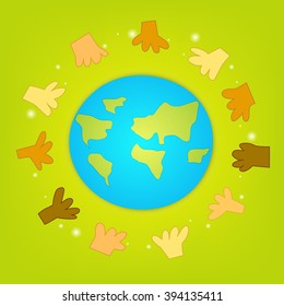 Globe background with hands of different nationalities. Earth Day, vector card