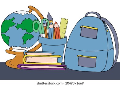 globe, backpack, books and stationery on the table, color vector illustration in doodle style with black outline