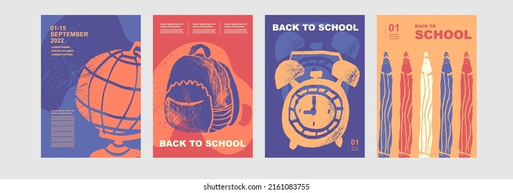 Globe, backpack, watch, alarm clock, pencil. Set of abstract, vector illustrations. Back to School. Elements and objects on school themes, simple background for poster. School backgrounds. - Shutterstock ID 2161083755