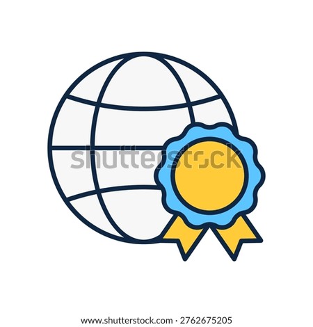 Globe with badge ribbon symbol representing certification, approval, and trusted global standards. Suitable for business validation, quality assurance, and international compliance themes.