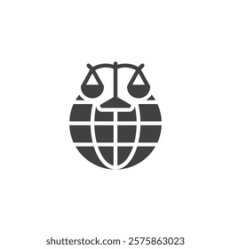 Globe with a balance scales vector icon. filled flat sign for mobile concept and web design. Neutral Territory glyph icon. Fairness, peace, and diplomacy symbol, logo illustration. Vector graphics