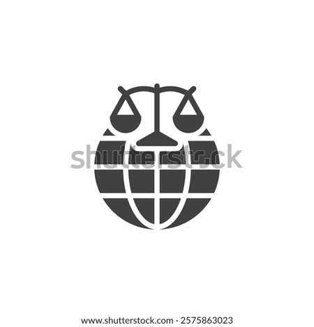 Globe with a balance scales vector icon. filled flat sign for mobile concept and web design. Neutral Territory glyph icon. Fairness, peace, and diplomacy symbol, logo illustration. Vector graphics