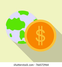 Globe bank with gold coin in flat style with shadow. Stock vector image.