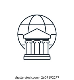 Globe and bank. World financial system.Vector linear icon isolated on white background.