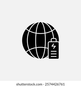 Globe and battery icon glyph, free energy, ecology, renewable and green energy concept. Solid black icon.