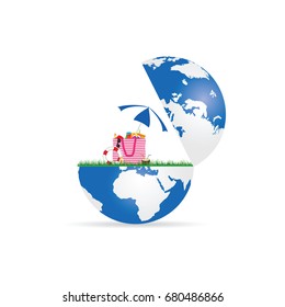 globe with beach stuff illustration in colorful