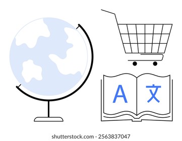 Globe beside shopping cart and an open book with multilingual characters. Ideal for global trade, education, language learning, e-commerce, and international communication. Simple minimalist style