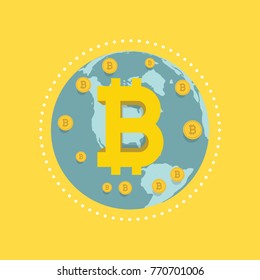 Globe and Bitcoin sign. Flat illustration of globe and Bitcoin .vector