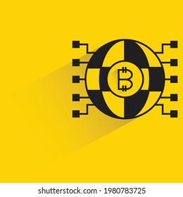 globe and bitcoin symbol with shadow on yellow background