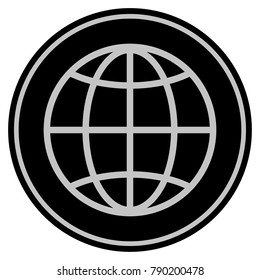 Globe black coin icon. Vector style is a flat coin symbol using black and light gray colors.