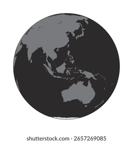 Globe in Black and Dark Gray Color Focused on Asia and Australia Continents, Indian Ocean and Pacific Ocean. Vector illustration isolated on white background, eps