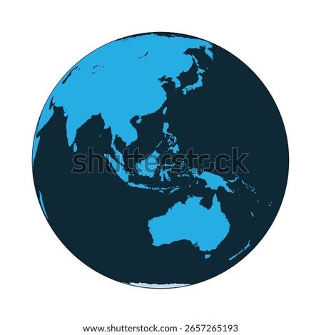 Globe in Black and Light Blue Color Focused on Asia and Australia Continents, Indian Ocean and Pacific Ocean. Vector illustration isolated on white background, eps