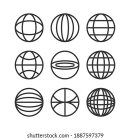 Globe black line icons pack isolated on white. Earth sphere sign internet world collection. Simple globe network circle planet vector illustration