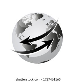 Globe in black and white with two black arrows on a white background in vector graphics