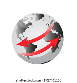 Globe negro y blanco con dos flechas rojas sobre un fondo blanco en gráficos vectoriales