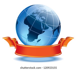 Globe With Blank Red Banner, Earth With Continents Europe And Africa.