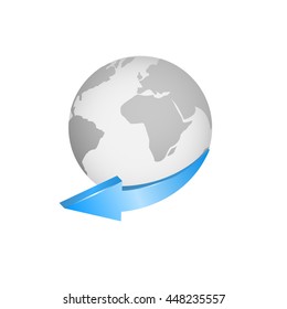 Globe with blue arrow. World map. Around the world. Connection concept