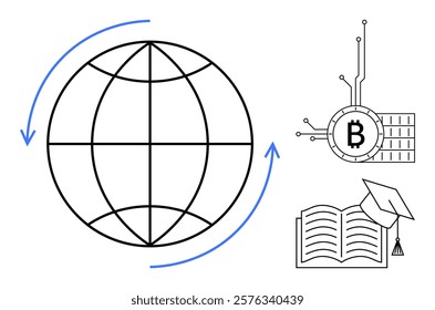 A globe with blue arrows, a bitcoin symbol with circuit elements, and an open book with a graduation cap. Ideal for global education, cryptocurrency, blockchain, e-learning, financial literacy