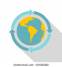Globe with blue arrows icon. Flat illustration of globe with blue arrows vector icon for web