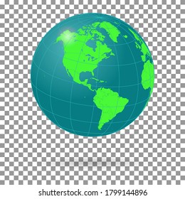 Globe. Blue and green world map mapped on a 3D sphere. Isolated on transparent background. Vector illustration
