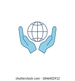 Icono azul de globo en la ilustración vectorial de manos humanas aislada en fondo blanco.