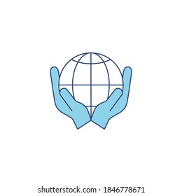 Globe blue icon in human hands vector illustration isolated on white background.