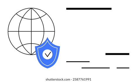 Globe with blue shield and checkmark symbolizing global protection, lines implying connection, and scattered horizontal bars. Ideal for cybersecurity, data privacy, online safety, internet