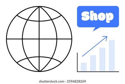 A globe with a blue shop sign and a bar graph with an upward trend arrow. Ideal for e-commerce growth, global business, online shopping, market analysis, international trade. Simple vector style