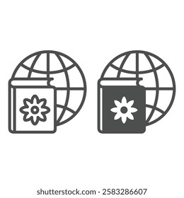 Globe and book with gear line and solid icon, book manual international concept. Vector graphics. Translated textbook sign on white background, outline style icon for mobile or web design