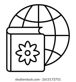 Globe and book with gear thin line icon, book manual international concept. Vector graphics. Translated textbook sign on white background, style mobile or design