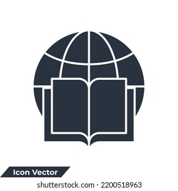 globe and book icon logo vector illustration. global education symbol template for graphic and web design collection