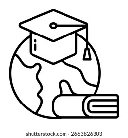 Globo con el libro, icono del diseño de la línea del aprendizaje global
