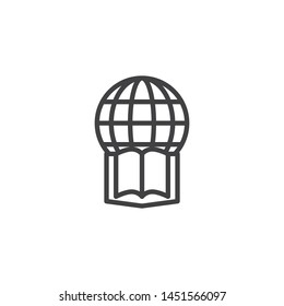 Globe and book line icon. Global learning linear style sign for mobile concept and web design. International education outline vector icon. e learning symbol, logo illustration. Vector graphics