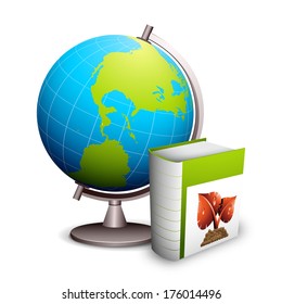 Globe and book on white. EPS10 vector file. Contains blending (Multiply) mode.