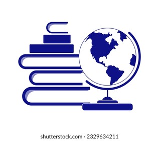 Globe and books. Back to school. Vector flat illustration. Literature lovers, student, education concept. Blue lines