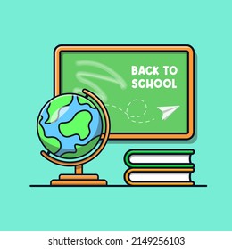 globe, books and blackboard objects in the classroom cartoon illustration
