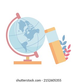 Globe and books in gentle pastel colors.Isolated on a white background.Vector illustration for yuaners, flyers and postcards.