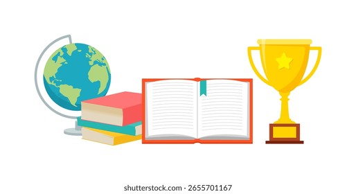 Globe, books and golden trophy with star for education and knowledge concept